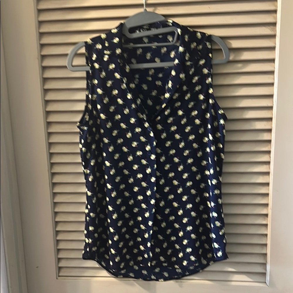 Navy Blue Sleeveless  lemon design Top with Floral Pattern